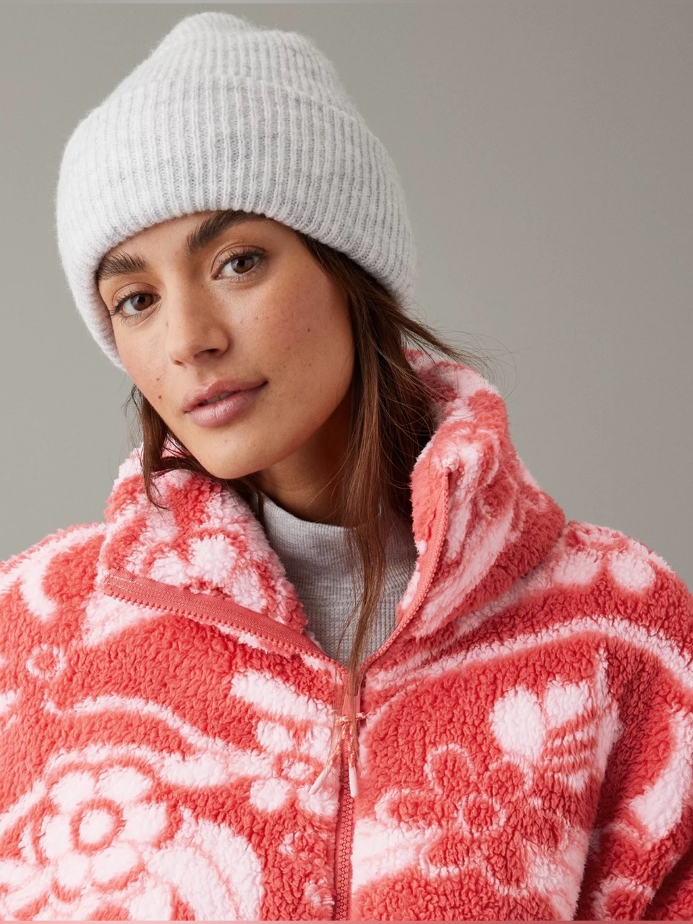 American Eagle Red/White Bear Hug Cozy Sherpa Zip Jacket Size Med Oversized Fall - Picture 3 of 13